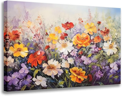 GLOKAKA Flowers Wall Art Colorful Landscape Lush Wildflowers Painting Print on Canvas Purple Yellow Floral Daisy Flower Picture for Home Bedroom Office Decor (Lush Flowers, 36"x24")