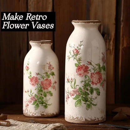 Ceramic Rustic Farmhouse Vase, Distressed Floral Pattern, Holds Water, With Handle, 7.8 inches