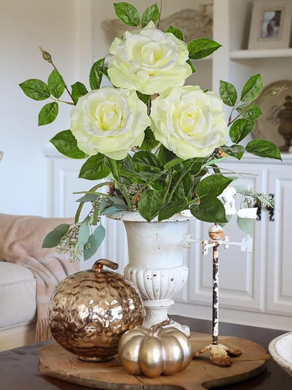 Hollyone 3Pcs White Roses Artificial Flowers Bouquets 26.3" Rose Fake Flower Arrangements Silk Flowers with Long Stem Floral Branch Faux Roses Flowers for DIY Wedding Table Centerpieces Home Decor