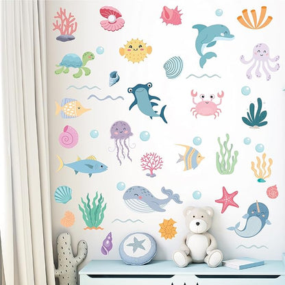 AOWDIAO 58 Pcs Ocean Animals Wall Decals - Peel and Stick Under The Sea Kids’ Room & Nursery Decor