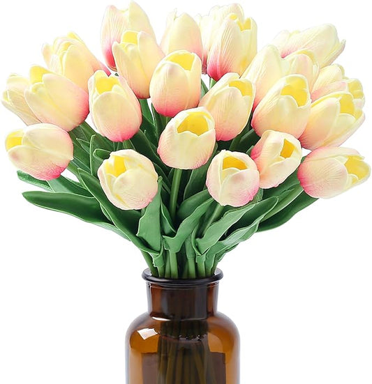 SITUMEIZI 15pcs Tulips Fake Pink Artificial Flowers Real Touch 14" Silk Flower for Home Decor Spring Easter Wedding Bouquet Decorations Gifts(Creamy Pink)