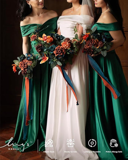Ling's moment Artificial Flowers Teal and Orange Bridesmaid Bouquet Set of 4, Wedding Flowers Bouquets for Bridesmaids, 7 Inch Bridal Bouquets for Bridesmaids, Wedding Decor, Ceremony, etc
