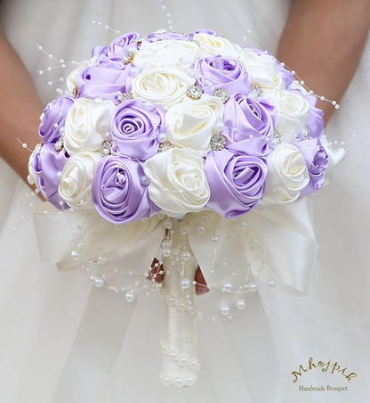 Bridal Wedding Bouquet Round Bling Brooch Bouquet Throw Toss Artificial Rose Flower Bunch for Bride Bridesmaid Wedding Quinceanera(Light Purple & Ivory, 6.3")