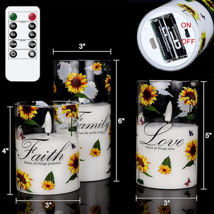 DRomance Sunflower Glass Flameless Candles with Remote Timer Battery Operated LED Pillar Candles Real Wax 3D Wick Flickering Warm Light Wedding Dinner Holiday Spring Candle 3 x 4,5,6 Inches