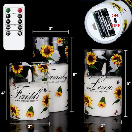DRomance Sunflower Glass Flameless Candles with Remote Timer Battery Operated LED Pillar Candles Real Wax 3D Wick Flickering Warm Light Wedding Dinner Holiday Spring Candle 3 x 4,5,6 Inches