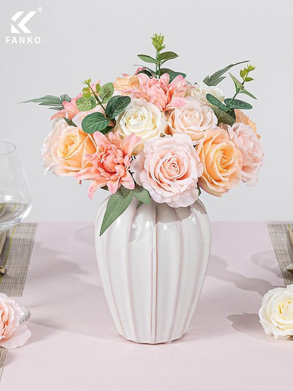 FANKO Artificial Flowers Fake Rose Combo, 5 Mixed Silk Flowers Bouquet Yellow Champagne Rose Cream Roses, Pink Dahlia for DIY Wedding Bridal Bouquets/Centerpieces/Home Decorations