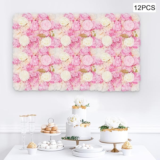 12pcs Artificial Flower Panels, 3D Floral Mat Silk Hydrangea Rose Floral Panel for Wedding Backdrop Wall Decor Shop Photo Backdrop, Festival & Event Wall Décor (15 x15in, Pink)