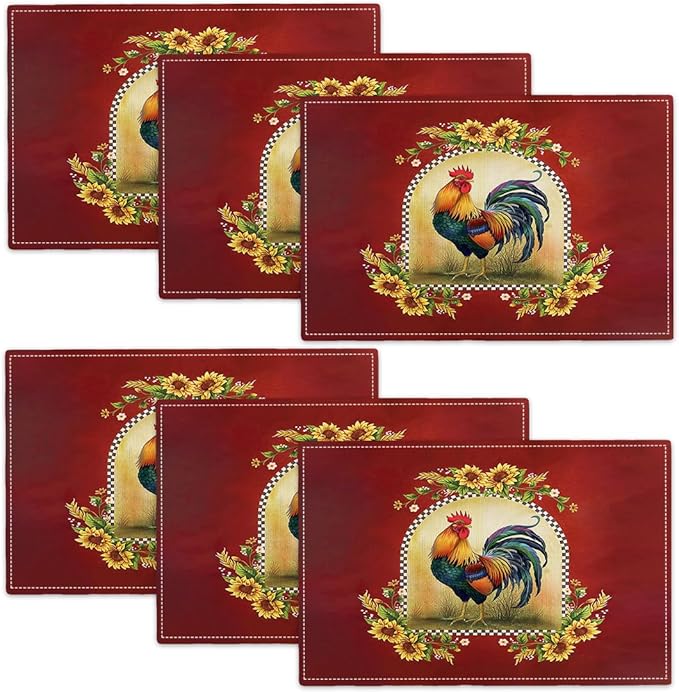 Rooster Sunflower Placemats Set of 6, Farmhouse Country Farm Chicken Animal Red Double-Sided Table Mats for Kitchen Dining Room Home Party Indoor Decor 6 PCS 12x18 Inch