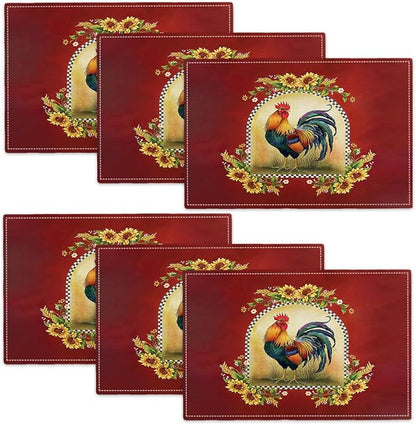 Rooster Sunflower Placemats Set of 6, Farmhouse Country Farm Chicken Animal Red Double-Sided Table Mats for Kitchen Dining Room Home Party Indoor Decor 6 PCS 12x18 Inch
