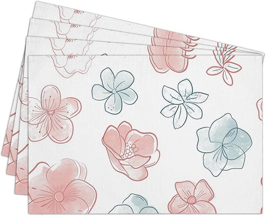 Cotton Linen Waterproof Placemats Set of 4, Watercolor Floral Dining Mat Table Mats Decor Fabric for Kitchen Dinner Coffee Shop Table, Indoor/Outdoor Washable Wipeable Placemat -N025