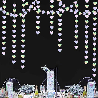 Iridescent Disco-Holographic Heart Garland - 52Ft Wedding Hanging Decoration Neon Streamers Banner, Perfect for Bridal Shower, Birthday, Baby Shower, Engagement, Valentines Day Decor