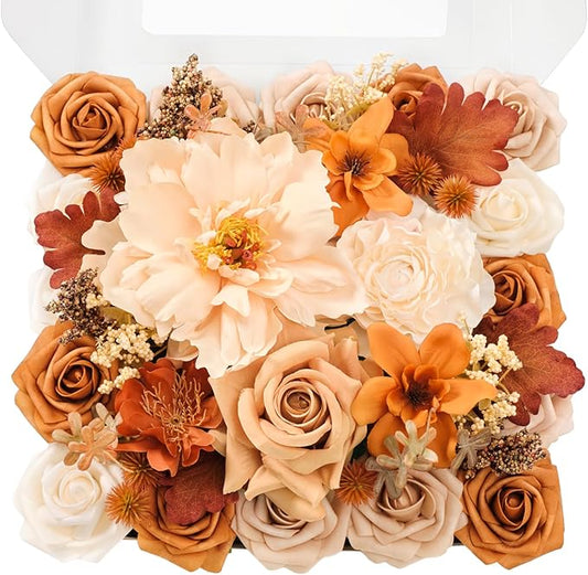 TINGE TIME Artificial Flowers Burnt Orange & Champagne Flower Combo for DIY Wedding Bouquets Table Centerpieces Arrangements Party Baby Shower Home Fall Decorations