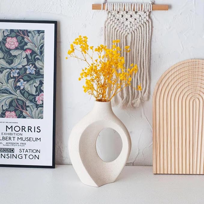 Ceramic Vases for Home Decor Set of 2, Off White Boho Small Flower Vase, Minimalist Decorative Modern Donut Vase for Living Dining Room Office Entryway Book Shelf Coffee Console Table Décor