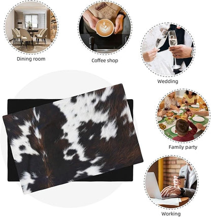 Vintage Cowhide Animal Placemats, Natural Rustic Farm Vintage Cow Animal Fur Texture Print Washable Fabric Placemats Table Kitchen Dining Party 12x18 Inch Set of 4