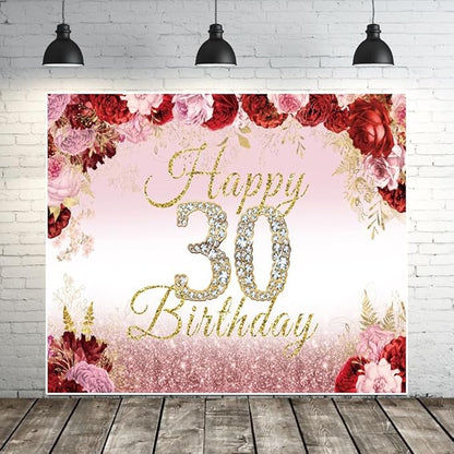 10x8ft Happy 30th Birthday Backdrop Pink Red Rose Flower Bush Garden Birthday Photography Background Floral Themed Women 30th Birthday Party Decoration