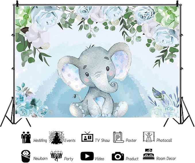 AOFOTO Flowers Baby Elephant Backdrop Light Blue 10x6.5ft Boy Gender Reveal Party Decorations Sweet Floral Baby Shower Photo Shoot Background for Photography Kids Child Birthday Photo Studio Props