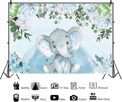 AOFOTO Flowers Baby Elephant Backdrop Light Blue 10x6.5ft Boy Gender Reveal Party Decorations Sweet Floral Baby Shower Photo Shoot Background for Photography Kids Child Birthday Photo Studio Props