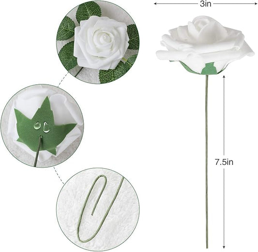 AmyHomie Artificial Flowers White Rose 100pcs Real Looking Fake Roses w/Stem for DIY Wedding Bouquets Centerpieces Arrangements Party Baby Shower Valentines Day Christmas Tree Decorations