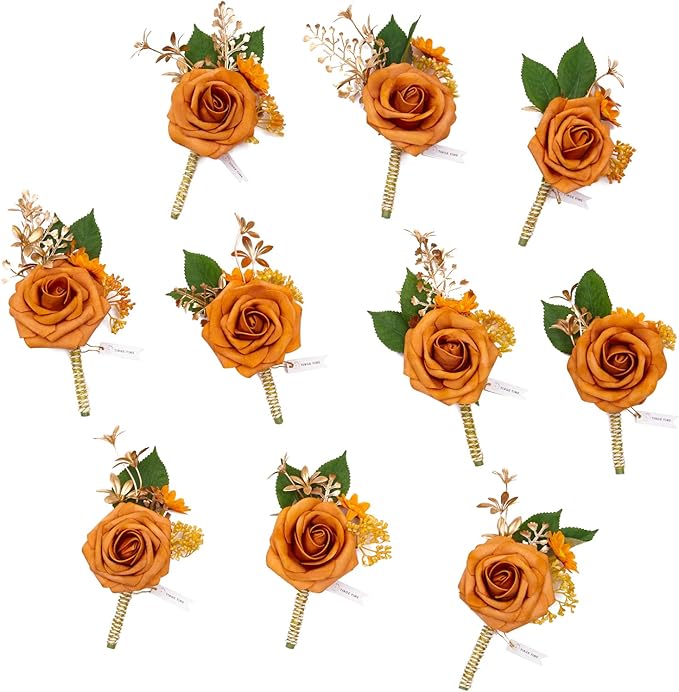 TINGE TIME Boutonniere for Men Wedding,Groom and Best Man Boutonniere for Wedding Ceremony Anniversary, Formal Dinner Party and Rustic Spring Wedding Marriage (10, Miami Burnt Orange)