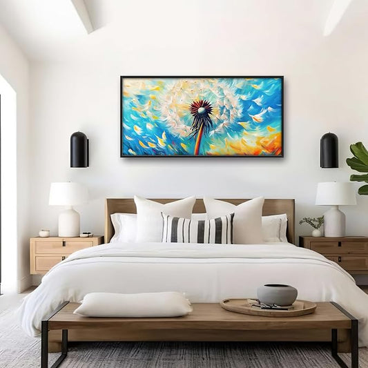 Extra Large Abstract Dandelion Framed Wall Art for Living Room,Oversized Colorful Dandelion Flower Pictures Wall Decor,Blue Canvas Print Painting Modern Artwork Bedroom Office Bathroom 60L x 30W