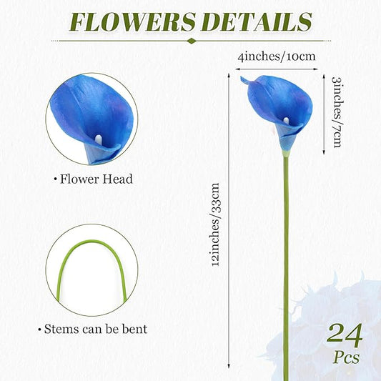 24 Pcs Blue Artificial Calla Lily Flowers Fake Blue Silk Flowers Real Touch for Wedding Bouquet Office Home Kitchen Decor