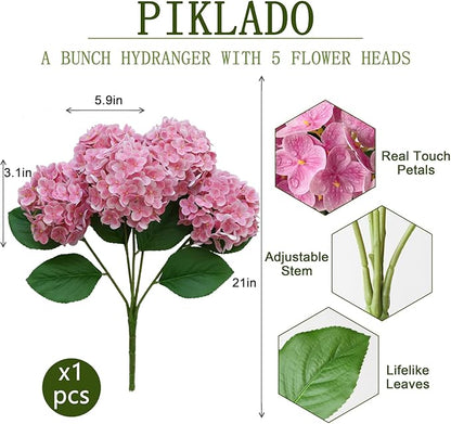 A Bunch 21in, Real Touch Hydrangea Artificial Flowers，,with 5pcs Flower Head 10pcs Leaves, Faux Hydrangea Flowers for Home Office Decor Wedding Party Arrangements (1, Pink)