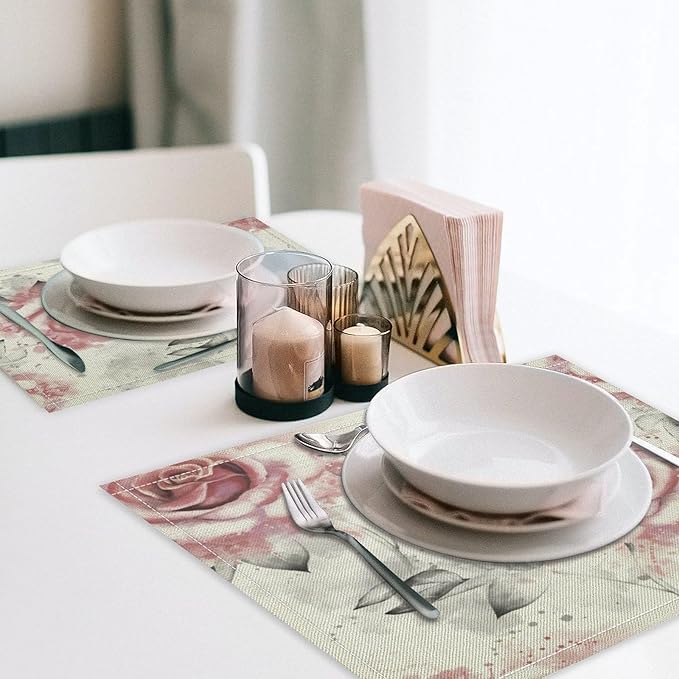 Rose Placemats Set of 8, 17x12 Inch Vintage Romantic Floral Pink Rose Gray Leaf White Table Mats for Home Party Kitchen Dining Decor