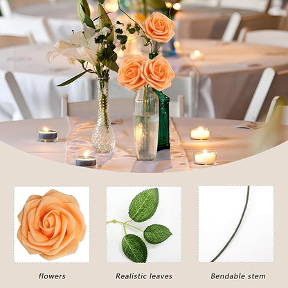 Artificial Flowers 50Pcs Orange Roses Real Looking Foam Fake Roses with Leaves for DIY Wedding Bouquets Bridal Shower Centerpieces Party Decorations (Orange, 50)