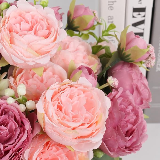 Artificial Peonies Silk Flowers, Pink Faux Peony Bouquet 2 Bundles Florals Arrangements Decor for Farmhouse Home Boho Wedding Table Centerpiece, Fake Plastic Flower Bulk for Vase Decoration (Mix Pink)