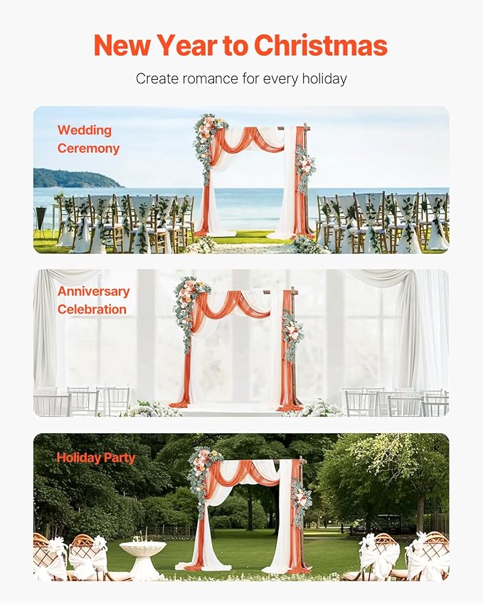 VEVOR Artificial Wedding Arch Flowers Kit, Orange Wedding Arch Flowers with Drapes Kit (Pack of 5) - 2 Pcs Floral Arrangement, 3 Pcs Sheer Drapes, for Ceremony Bouquets Reception Backdrop Decoration