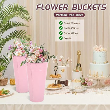 Flower Bucket for Flower Bar, 6 Pcs 10.2 Inch Metal Vases with Handles, Leak-Proof Pink French Buckets for Valentine's Day, Wedding Centerpieces, Baby Shower, Mother's Day, Farmhouse Rustic Home Decor
