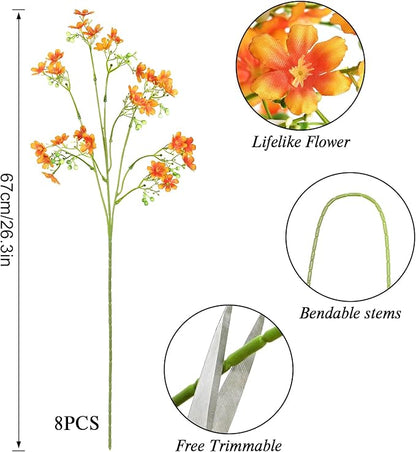 8PCS Fake Fall Flowers Real Touch Silk Flowers,Orange Artificial Flowers for Decorations, Babys Breath Artificial Flowers Bulk for Halloween Thanksgiving Fall Decor (Orange, 8PCS)