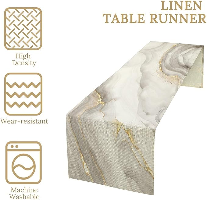 White Grey Marble Table Runner Abstract Modern Luxury Ink Texture Gold Veins Dinner Runner Table Decoration for Home Kitchen Dining Holiday Party 13x90in