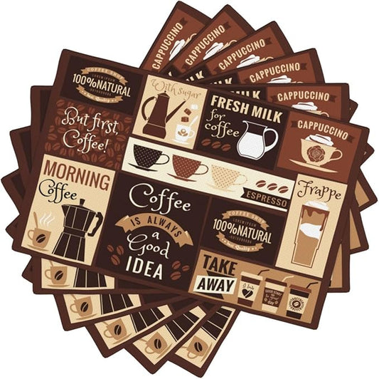 Coffee Table Placemats Set, Hot Mocha Latte Milk Typography on Scribble Backdrop, Set for Dining Table Decor 6 PCS, Cafe-2