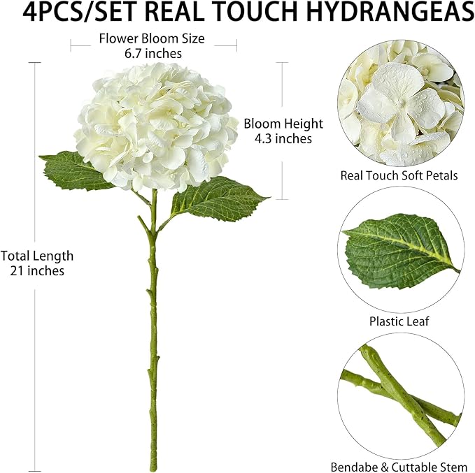 4 Pcs Real Touch Hydrangeas White Artificial Hydrangeas Flowers Real-Looking Faux Latex Hydrangea for Kitchen Living Room Porch Home Decor Baby Shower Party Wedding Table Centerpiece