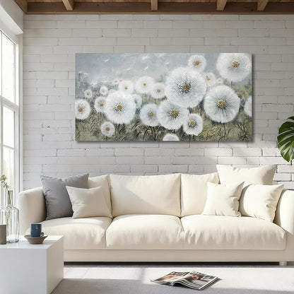 Ardemy Flower Wall Art Canvas Dandelion Painting White Floral Picture, Textured Extra Large Framed for Living Room Bedroom Kitchen Dining Room Home Office Decor 58"x29"