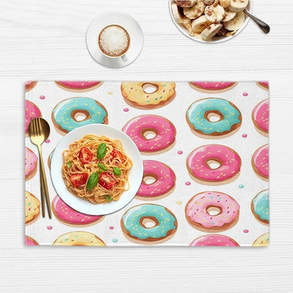Sweet Doughnuts Placemats Set of 6, Washable Linen Place Mats, Colorful Donut Pattern Table Mats for Kitchen Dining Table Decor Heat Resistant Tablemats 12x18