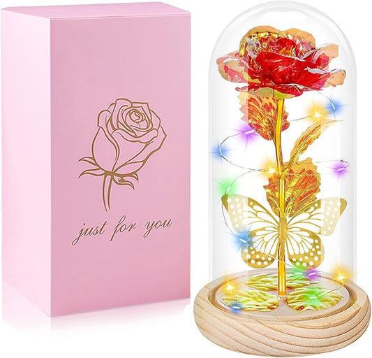 QUNPON Christmas Rose Gifts for Women,Flowers Womens Gifts for Mom,Sister,Grandma,Her,Wife,Birthday Gifts for Women,Galaxy Glass Red Butterfly Rose Gifts for Valentines Day,Wedding
