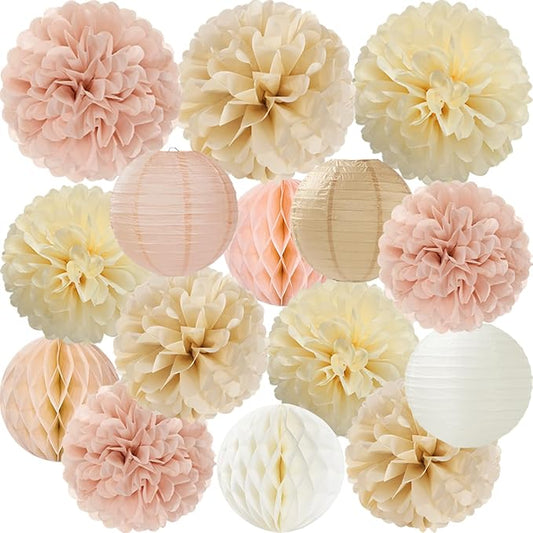 Champagne Beige Paper Flowers Tissue Pom Poms Honeycomb Lanterns 15pcs Party Decorations for Boho Fall Rustic Birthday Baby Shower Neutral Autumn Wedding Bridal Hanging Decor Mprocherify
