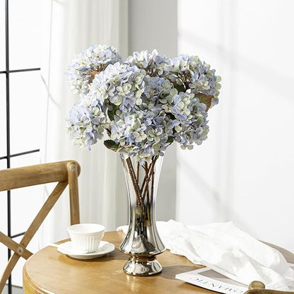 Artificial Flower Fake Silk Hydrangea Heads Bouquet with Stems Bulk for Fall Decoration Table Center Christmas Indoor Outdoor Faux Floral Realistic with Leaves Plants Crafts 8PCS(Blue)