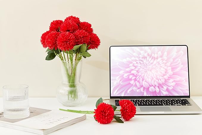 SITUMEIZI 12 Pcs Red Flowers Artificial Chrysanthemums Ball Flower Fake Mums Silk for Spring Wedding Home Kitchen Christmas Decoration Floral Arrangement Table Centerpiece