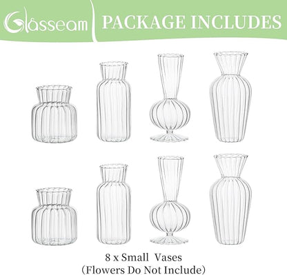 Modern Clear Glass Bud Vase Bulk Set: Glasseam 8Pcs Small Mini Flower Centerpieces Vases Handmade DecorativeCute Short Window Corner Home Decor for Wedding Reception Dining Table Single Rose