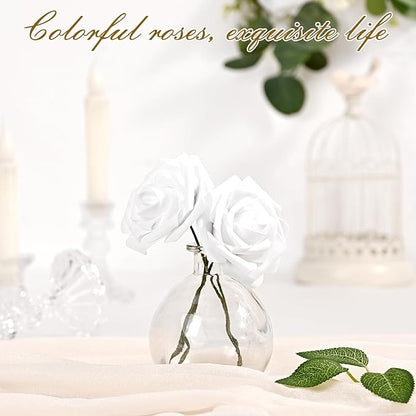 BLEUM CADE 16Pcs Artificial Flowers Fake Roses with Stems, White Boxed Foam Roses for DIY Bouquets Centerpieces Wedding Party Arrangement Bridal Shower Decor