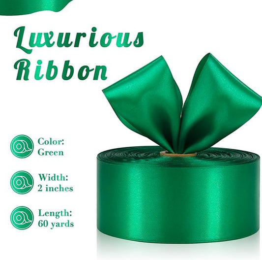 Green Ribbon 2 Inch 60 Yards, Versatile Solid Satin Ribbon for Gift Wrapping, Flower Bouquet, Wedding, Crafts, Baby Shower, Christmas, Halloween, Easter