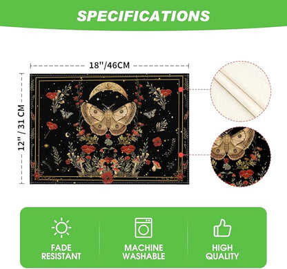 Artoid Mode Black Poppy Moth Moon Placemats Set of 4, 12x18 Inch Floral Spring Table Mats for Outdoor Home Party Kitchen Dining Decor
