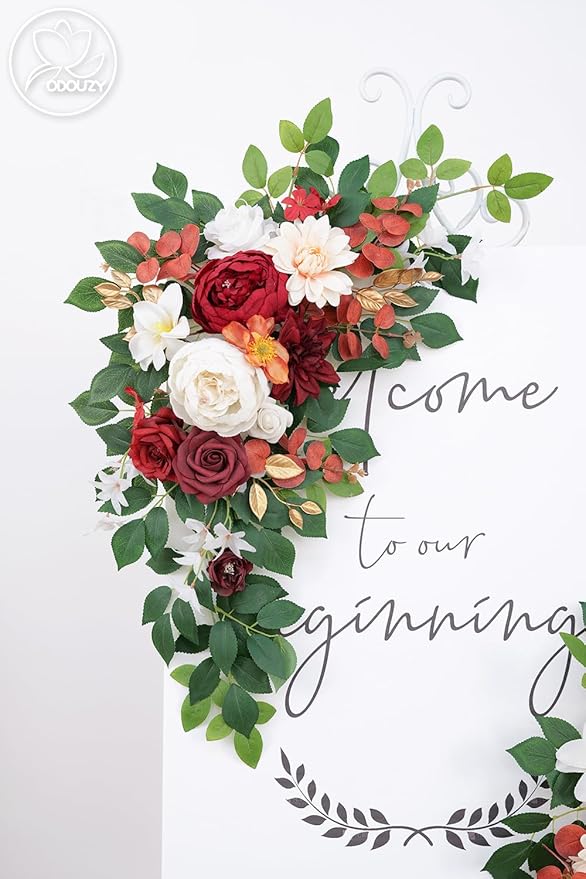 Pack of 2 Wedding Arch, Artificial Flowers, Wedding Decor，Flower Garland Be Suited to Banquet, Party, Reception Entrance Welcome Sign and Background Decoration(White red)