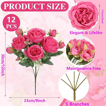 Peonies Artificial Flowers 12 Bundles Pink Flowers Bouquet, Lifelike Silk Fake Peonies with Stems for Home Table Centerpieces, Wedding, Party & DIY Bridal Floral Arrangements (Rose red)