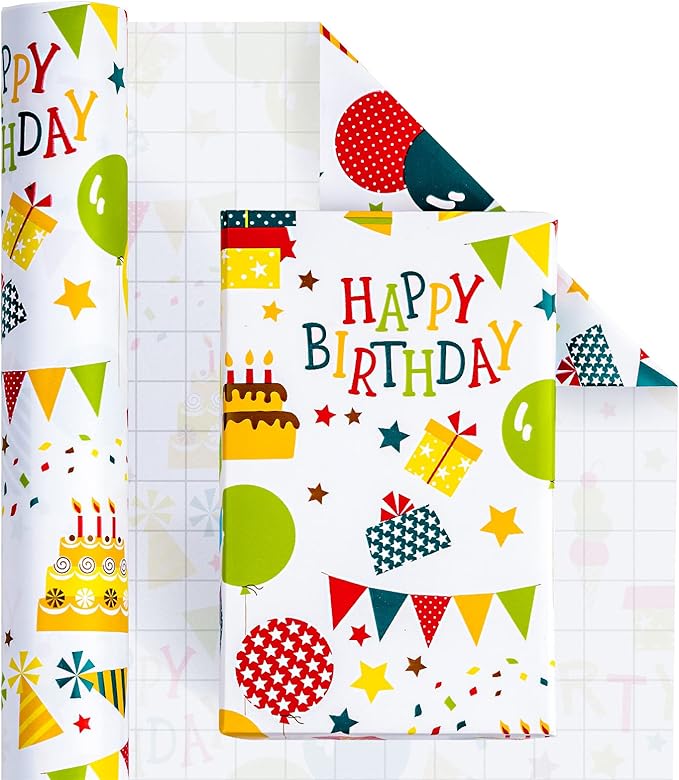 WRAPAHOLIC 30 Inch Birthday Wrapping Paper Roll - Cheerful Happy Birthday Wrapping Paper for Holiday, Party, Baby Shower - 30 Inch x 33 Feet