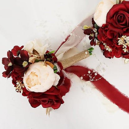 Bridesmaid Bouquets for Wedding, 9 Inch Luxury Artificial Flowers Bouquets for Ceremony Anniversary Centerpieces Decorations -Burgundy & Gold & White