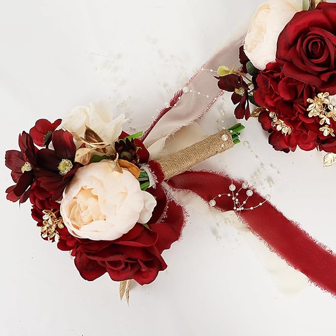 Set of 6 Bridesmaid Bouquets for Wedding - 9 Inch Luxury Artificial Flowers Bouquets for Ceremony Anniversary Centerpieces Decorations - Burgundy & Gold & White